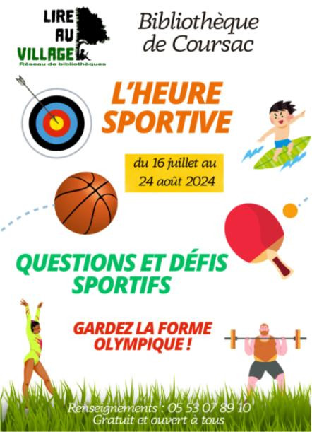 Affiche l'heure sportive à la bibliothèque de Coursac du 16 juillet au 24 août 2024