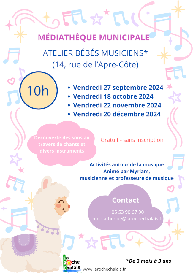 Ateliers Bébés musiciens à la médiathèque de la Roche Chalais 