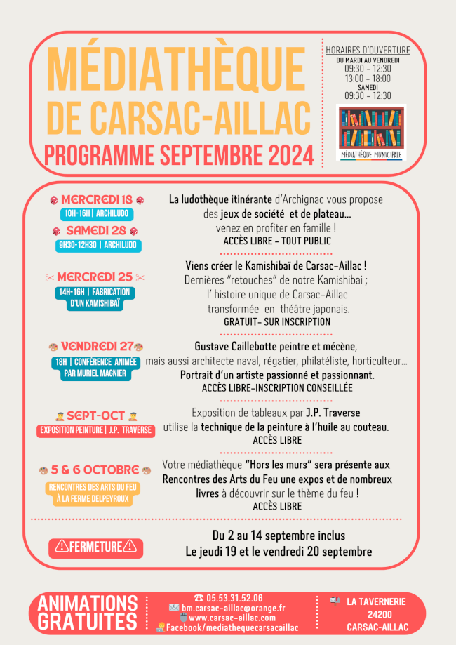 Médiathèque de Carsac Aillac Programme des activités du mois de septembre 2024 lecture, jeux avec Archiludo, dessin, peinture, exposition