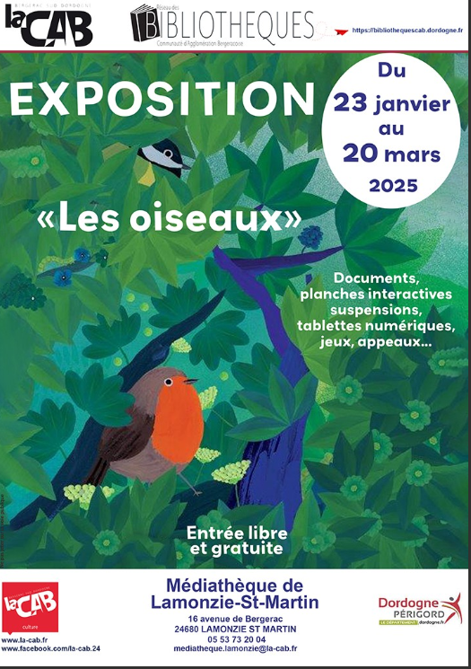 Affiche exposition Observons les oiseaux à la médiathèque du jeudi 23 janvier au jeudi 20 mars 2025