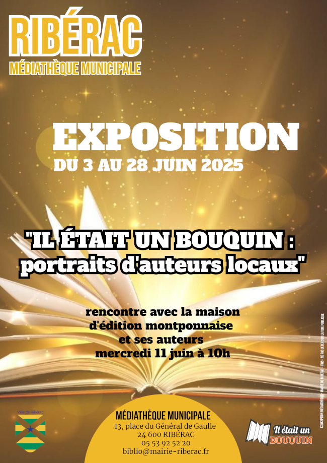 affiche exposition il était un bouquin portrait d'auteurs locaux à la médiathèque de Ribérac