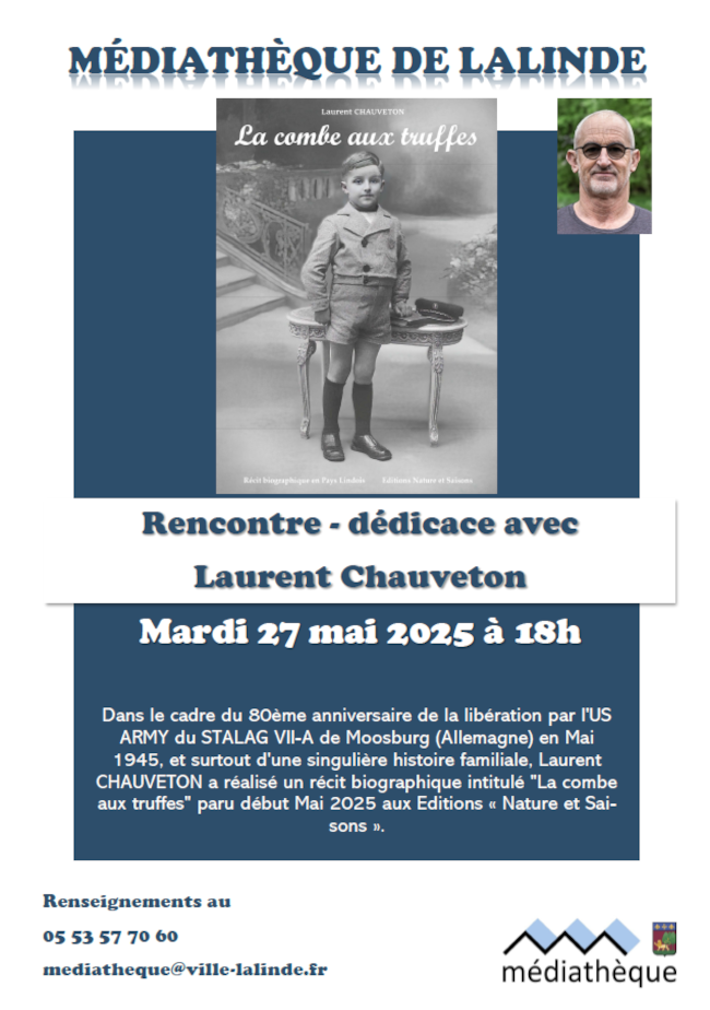 Affiche rencontre et dédicace avec l'auteur Laurent Chauveton le mercredi 27 mai 2025