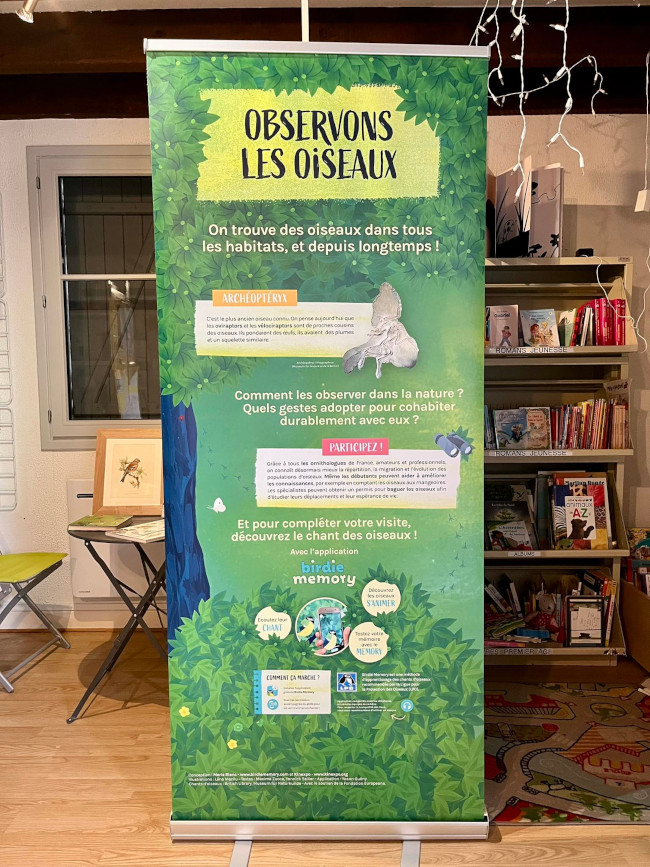 Présentation d'un panneau de l'exposition Observons les oiseaux